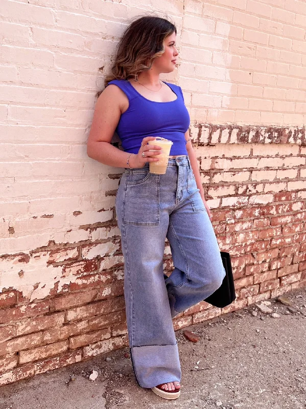 Wide Leg And Cuff Denim Jeans