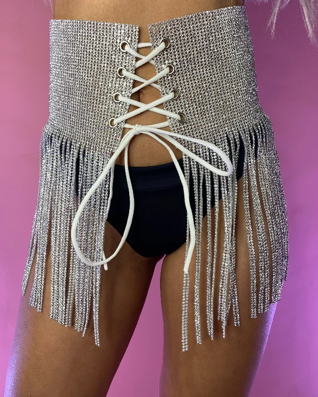 Silver Rhinestone Fringe Front Wrap Skirt