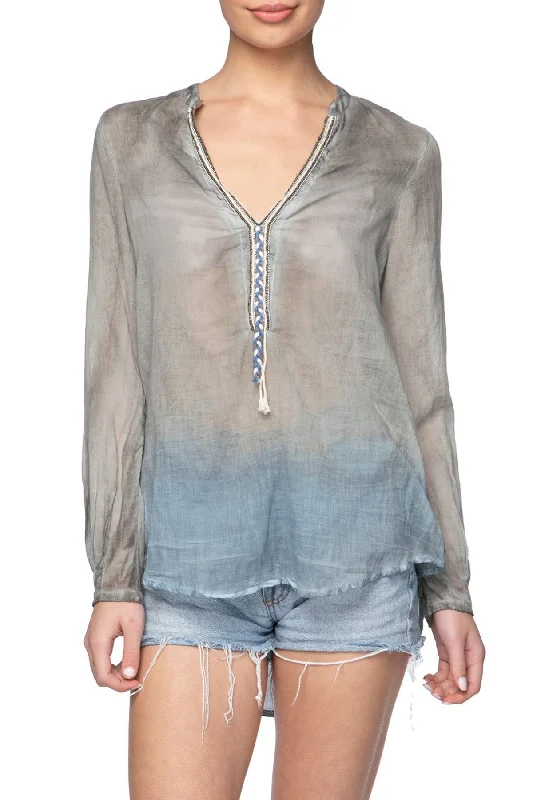 Crossover Beaded Henley Top- Pigment Dye