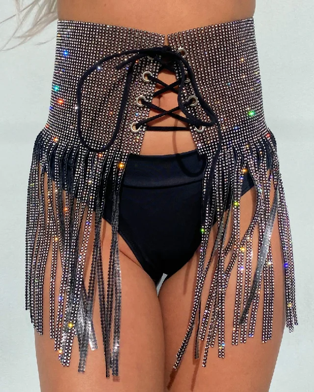 Black Rhinestone Fringe Front Wrap Skirt