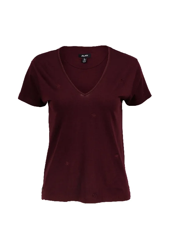 T-shirt femme col V bordeaux