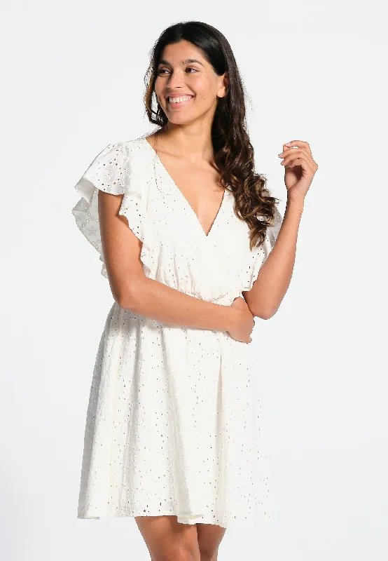 Robe femme en broderie anglaise, taille elastiquée, col V cache coeur