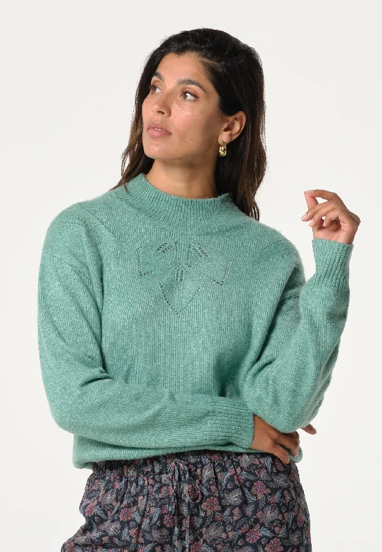 Pull femme turquoise avec col rond et détails sur le haut