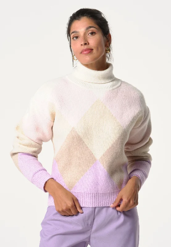 Pull femme multicolore en losange avec col haut