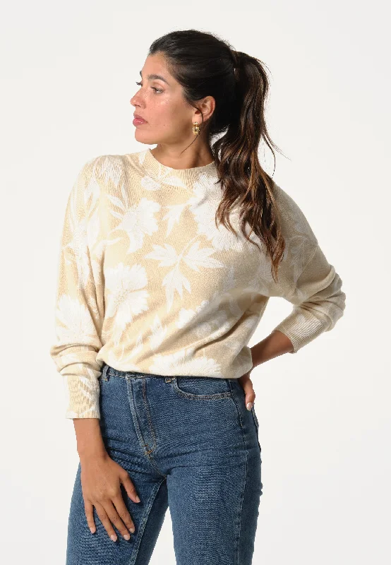 Pull femme avec imprimé feuilles en ton sur ton