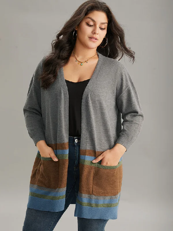 Anti-Pilling Colorblock Contrast Open Front Cardigan