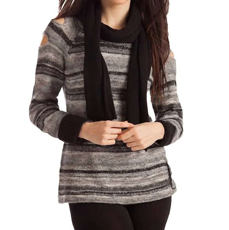 Bethany Striped Sweater W/ Scarf In Black Multi