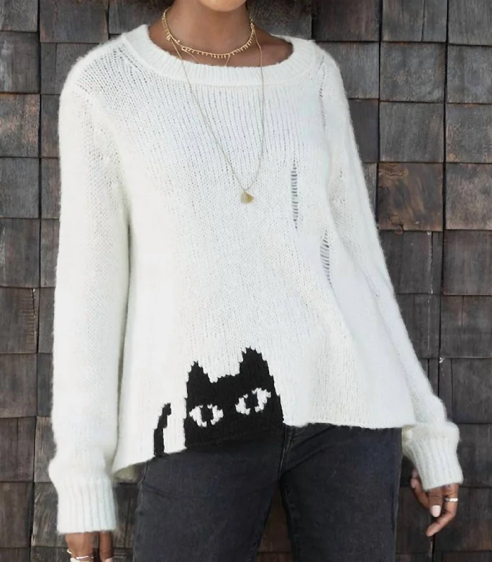 Black Cat Crew Sweater In Pure Snow/black