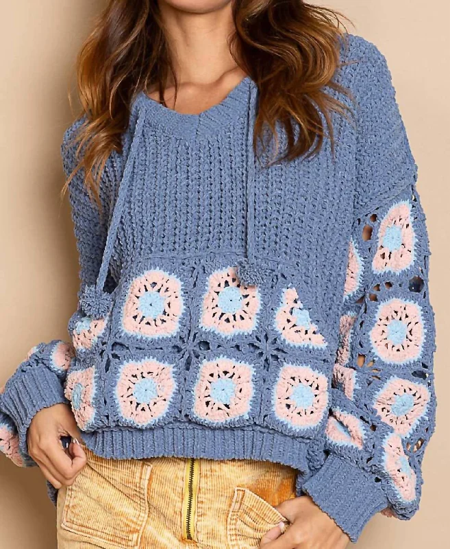 Cornflower Crochet Square Patch Hooded Pullover Sweater In Blue