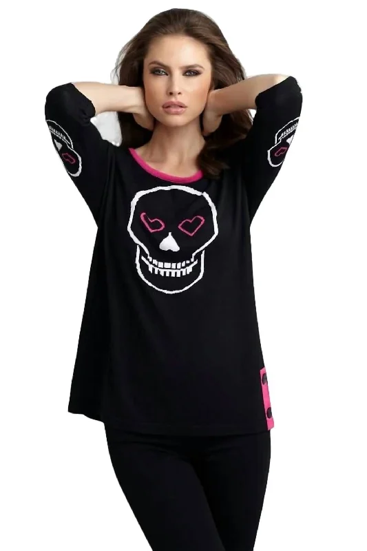 Heart & Skull Graphic Sweater In Black/fuchsia