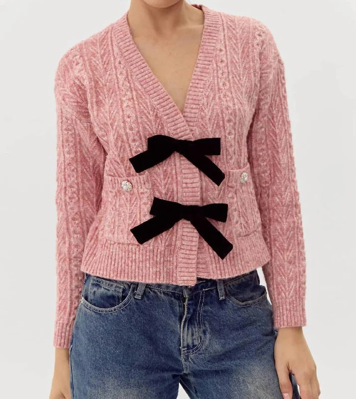 Lauren Bow Front Jeweled Cardigan In Dried Rose