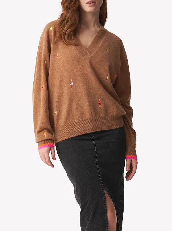 Lightning Bolt V Neck Sweater In Chestnut