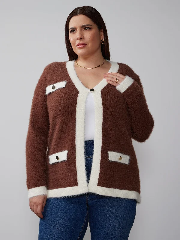 Plus Long Sleeve Fuzzy Contrast Cardigan