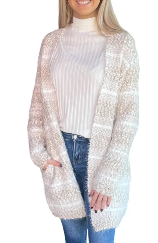 Long Striped Eyelash Knit Cardigan In Beige