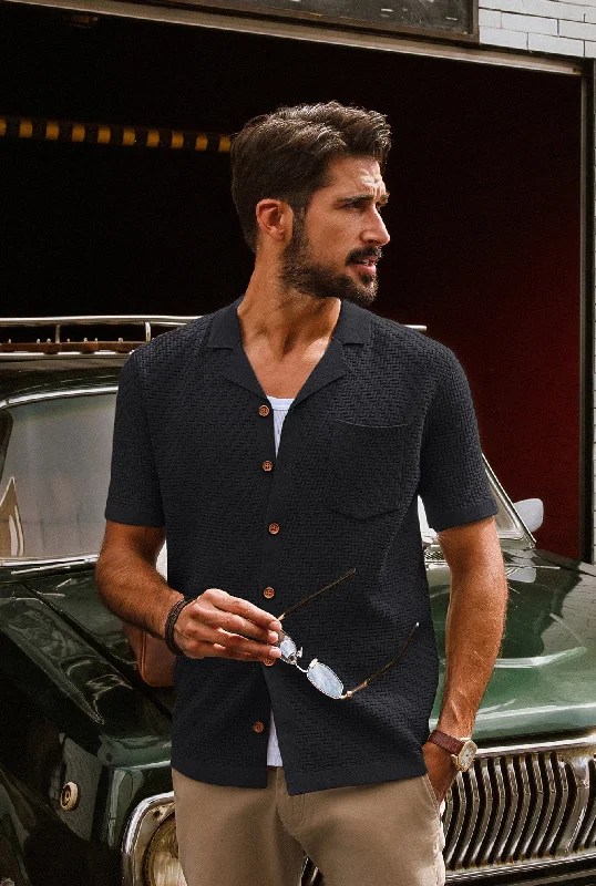 Men Textured Cardigan Short Sleeve Camp-Collar Button-up Sweater Knitwear