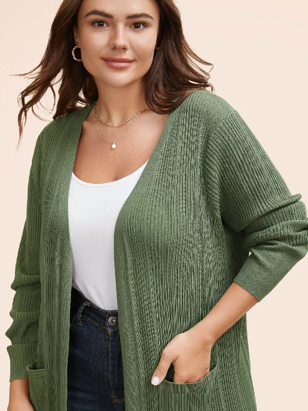 Plain Textured Split Hem Patch Pocket Cardigan