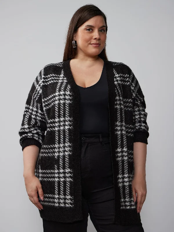 Plus Open Front Plaid Cardigan