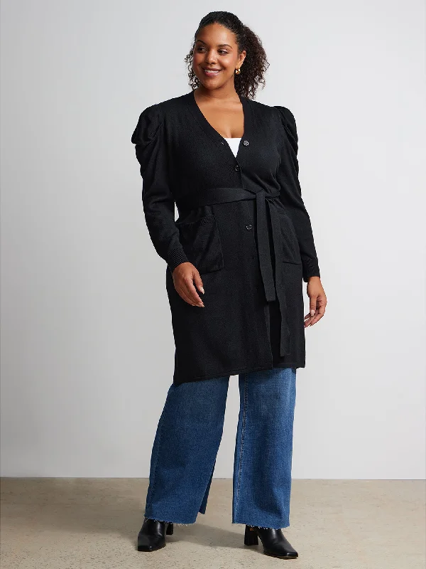 Plus Puffed Sleeves Belted Long Cardigan