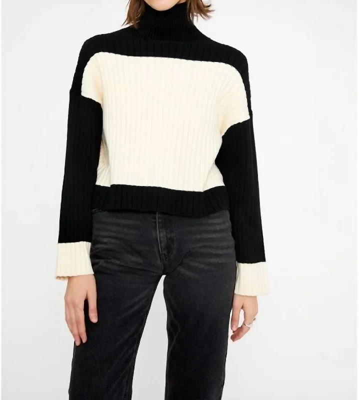 Ribbed High Neck Sweater In Two Tone Black