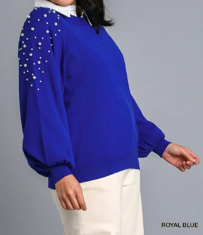 Round Neck Pullover Sweater With Long Sleeve Pearl Details In Blue