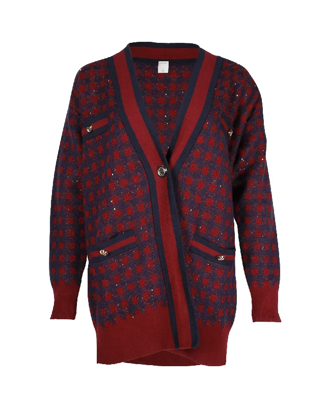 Sandro Paris Margot Check Sequin Oversized Cardigan in Maroon and Navy Cotton Blend