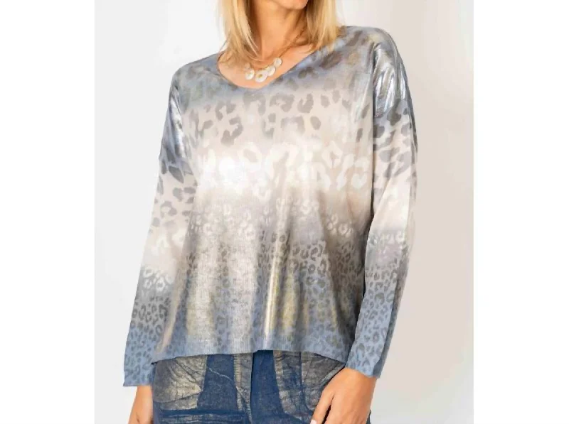 Shimmer V Neck Cheetah Print Sweater In Blue