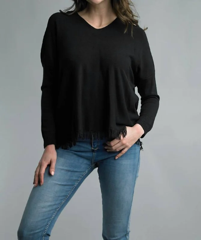 V-Neckline Fringe Hem Sweater In Black