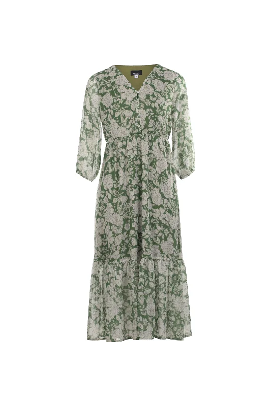 Button front printed Chiffon Dress | Green Wht Lurex Flower | 8556AR