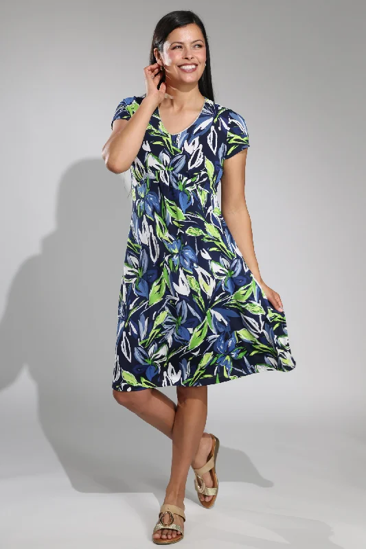 Curved waist printed Slinky Dress | Navy Grn Garden Puff | 7423A1