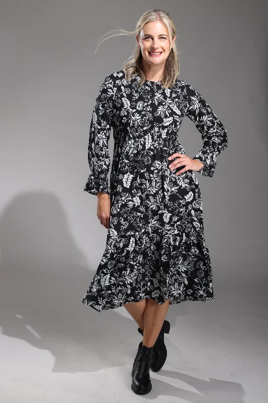 Shirred front Cotton Rayon Dress | Black Ivory Garden | 6542ZZ