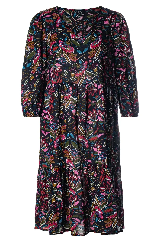 V neck Cotton Rayon Dress | Navy Olive Floral | 6543ZZ