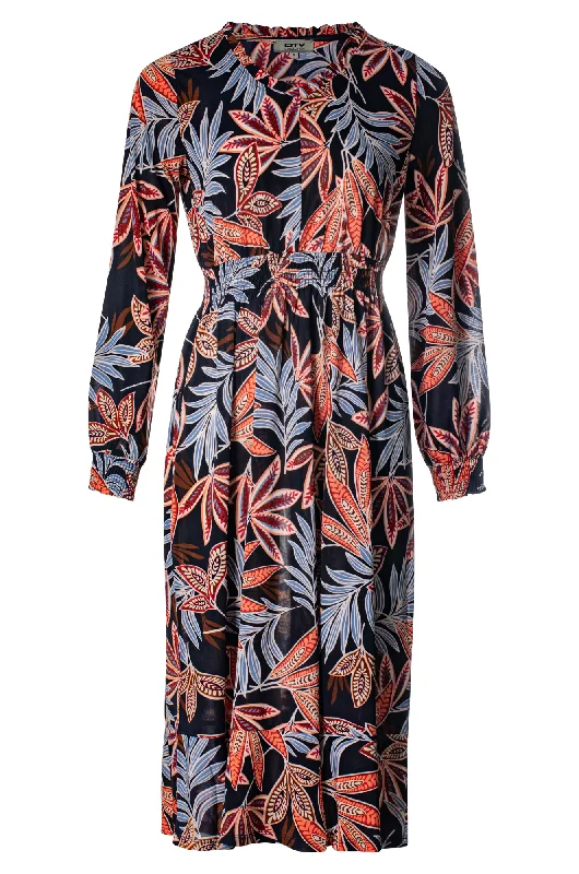 V neck printed Slinky Dress | Navy Spice Leaf | 7406ZZ