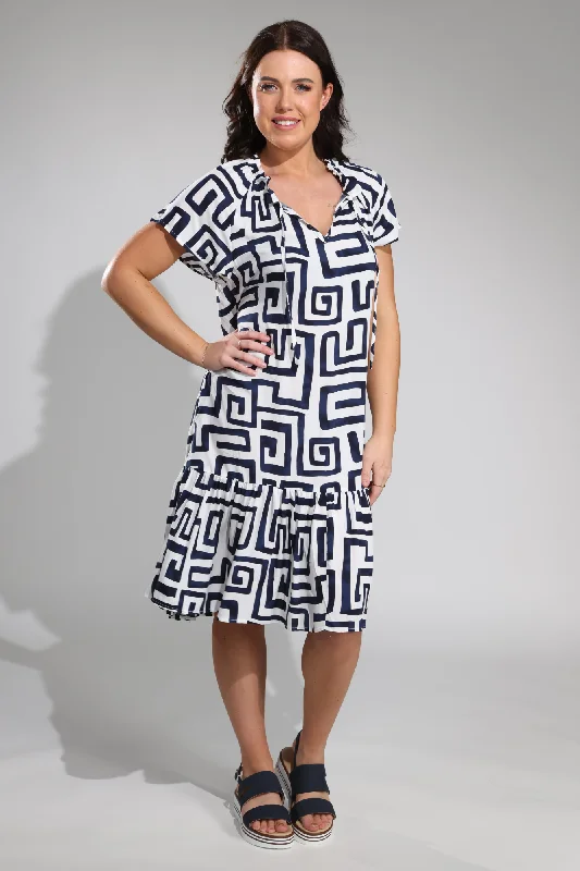 Frill neck Dress with hem tier | Navy White Geo | 3350A1