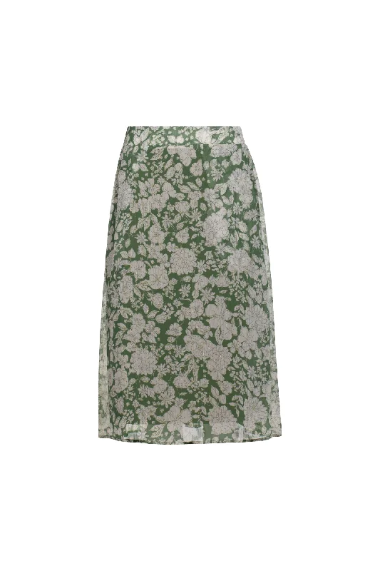 Printed Chiffon pull on Skirt | Green Wht Lurex Flower | 8558AR