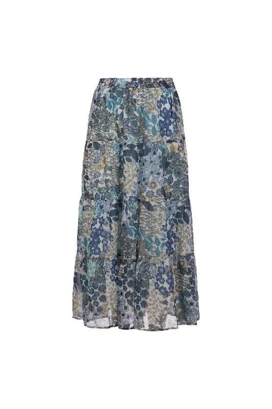 Printed Chiffon Skirt with lining | Indigo Green Garden | 8559AR