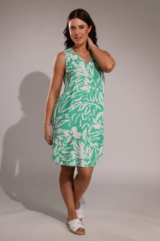 V neck Dress with keyhole back | Jade Ivory Leaf | 3351A1