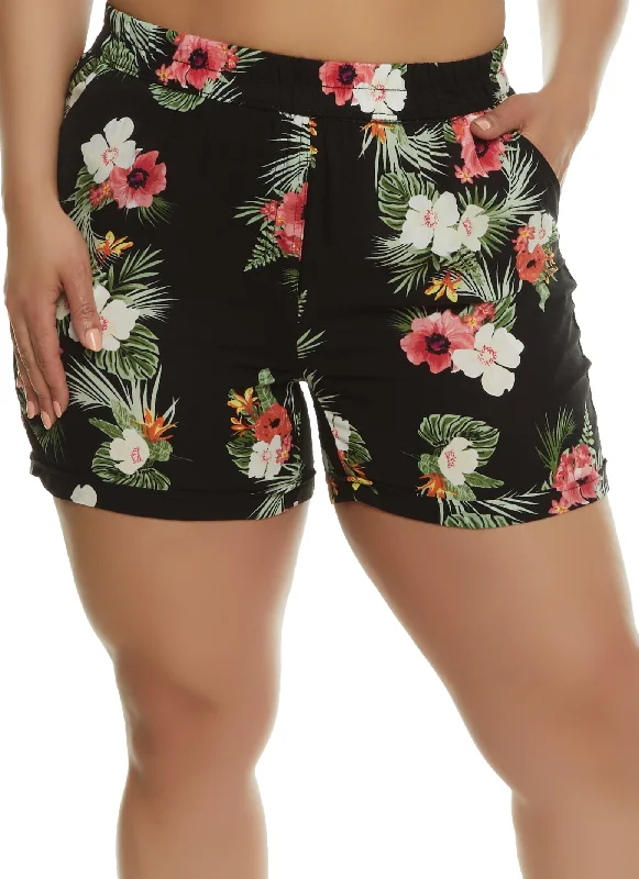 Plus Size Tropical Floral Print High Waist Shorts