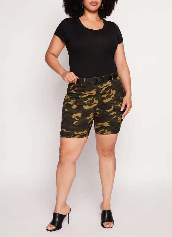 Plus Size Belted Camo Cargo Pocket Shorts