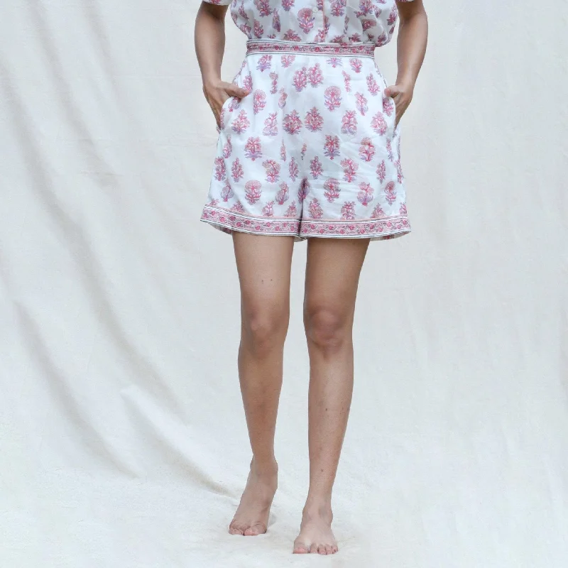 White and Fuchsia Block Printed Cotton High-Rise Elasticated Shorts