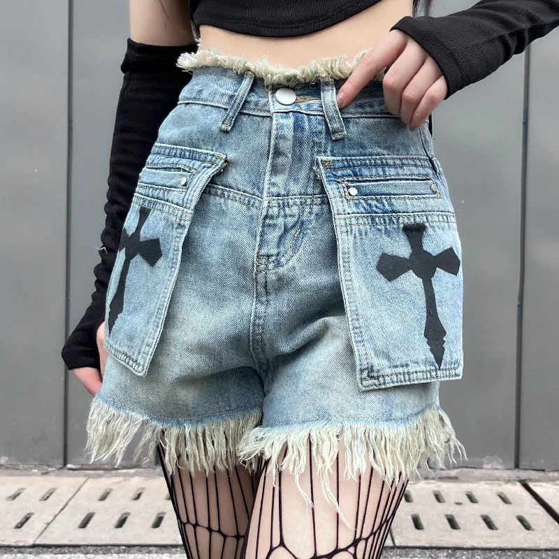 Women's Punk Cross Embroidered Unedged Shorts