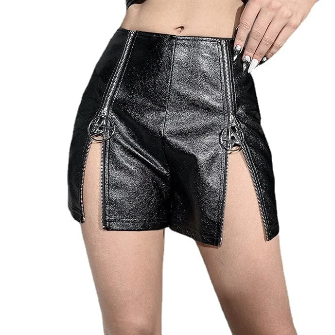 Women's Punk Double Zip High-waisted Faux Leather Shorts