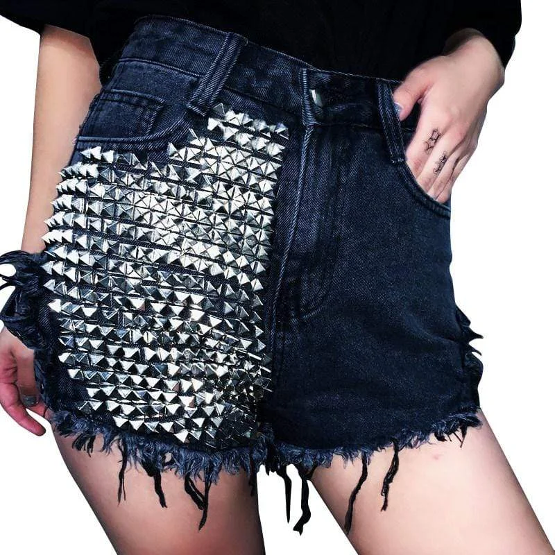 Women's Punk Rivets Straps Ripped High-waisted Denim Shorts