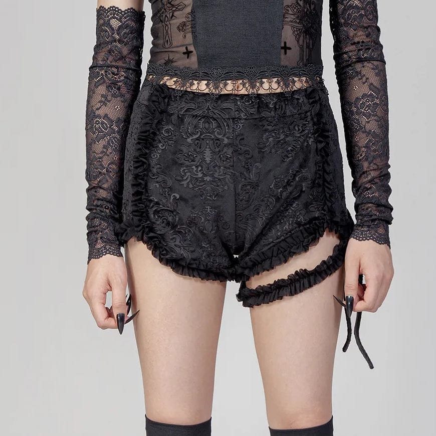 Women's Punk Ruffled Jacquard Velvet Shorts with Garter