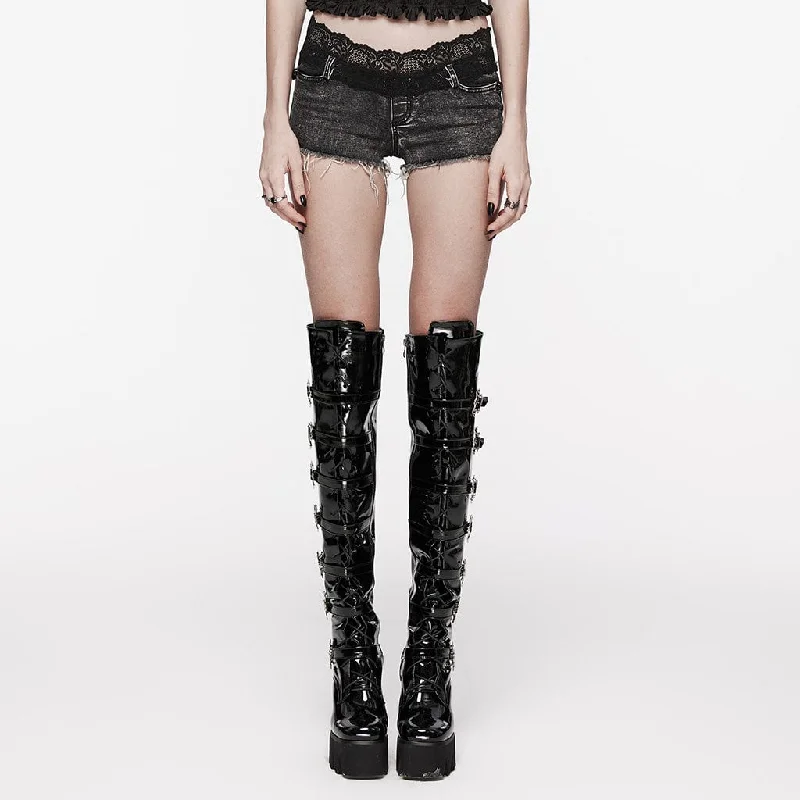 Women's Punk Skull Lace Splice Unedged Shorts