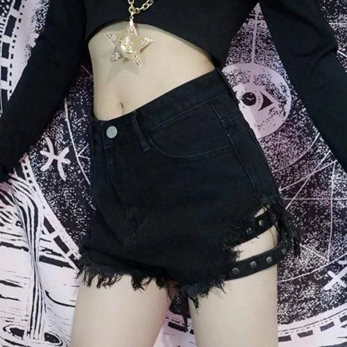 Women's Punk Tassel Black Denim Shorts With Leg Ring