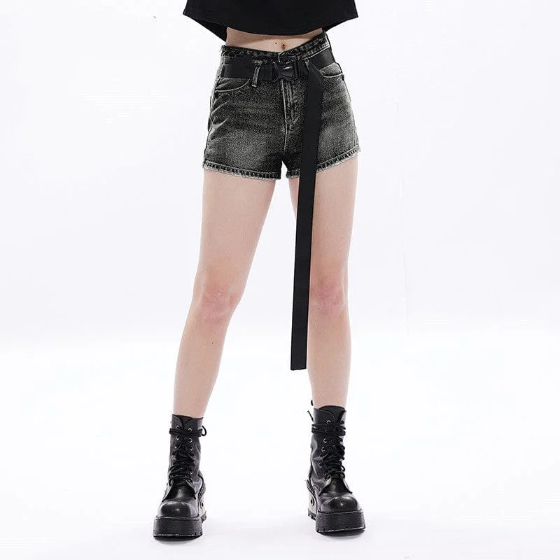 Women's Punk Washed Denim Shorts with Belt