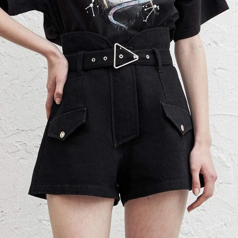 Women's Punk High-waisted Love Heart A-line Black Shorts with Belts