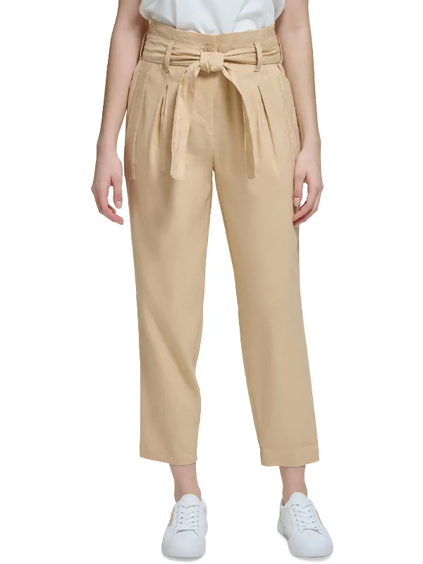 Womens Linen High Waist Cropped Pants