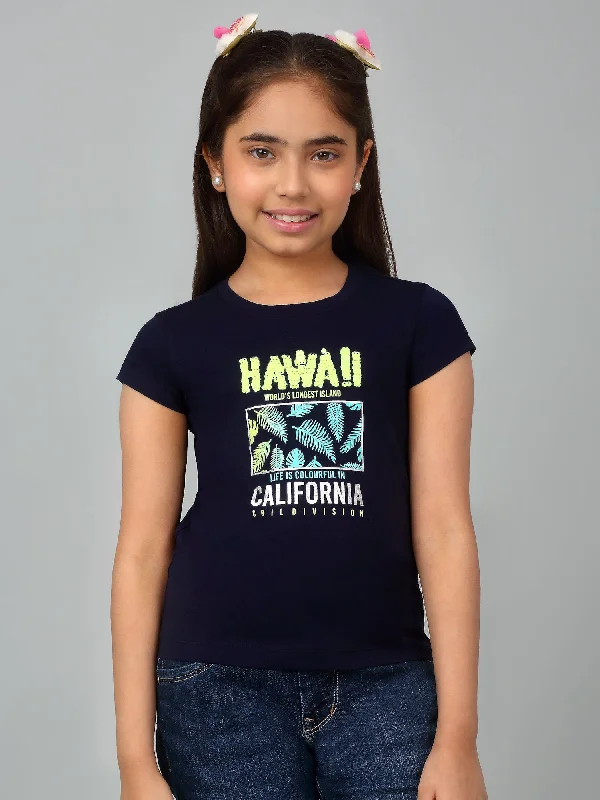 Girls Casual Navy Blue Half Sleeves  T-Shirt