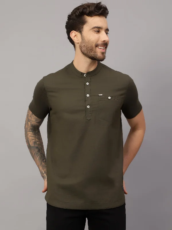 Men's Olive Green Casual Plain Half sleeve Shirt Kurta